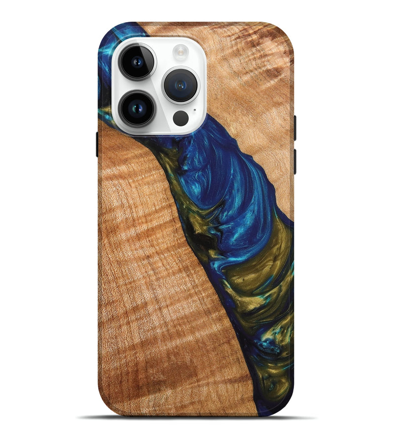 iPhone 15 Pro Max Wood+Resin Live Edge Phone Case - Taylor (Teal & Gold, 657934)