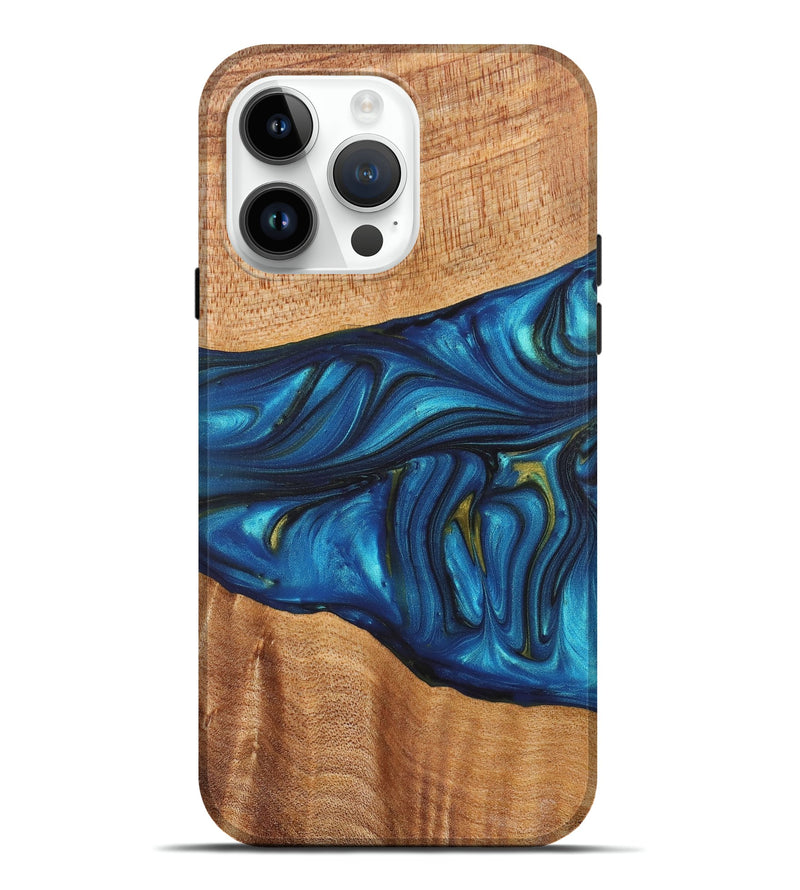 iPhone 15 Pro Max Wood+Resin Live Edge Phone Case - Katelyn (Teal & Gold, 657937)