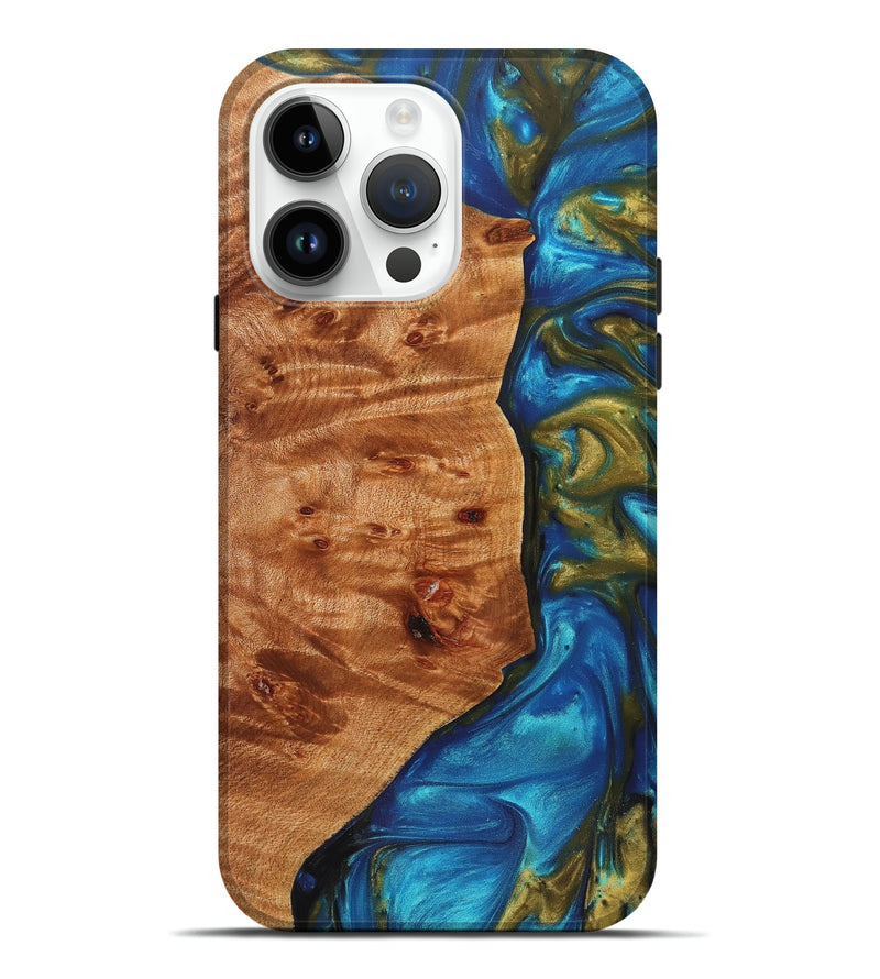 iPhone 15 Pro Max Wood+Resin Live Edge Phone Case - Millie (Teal & Gold, 657951)