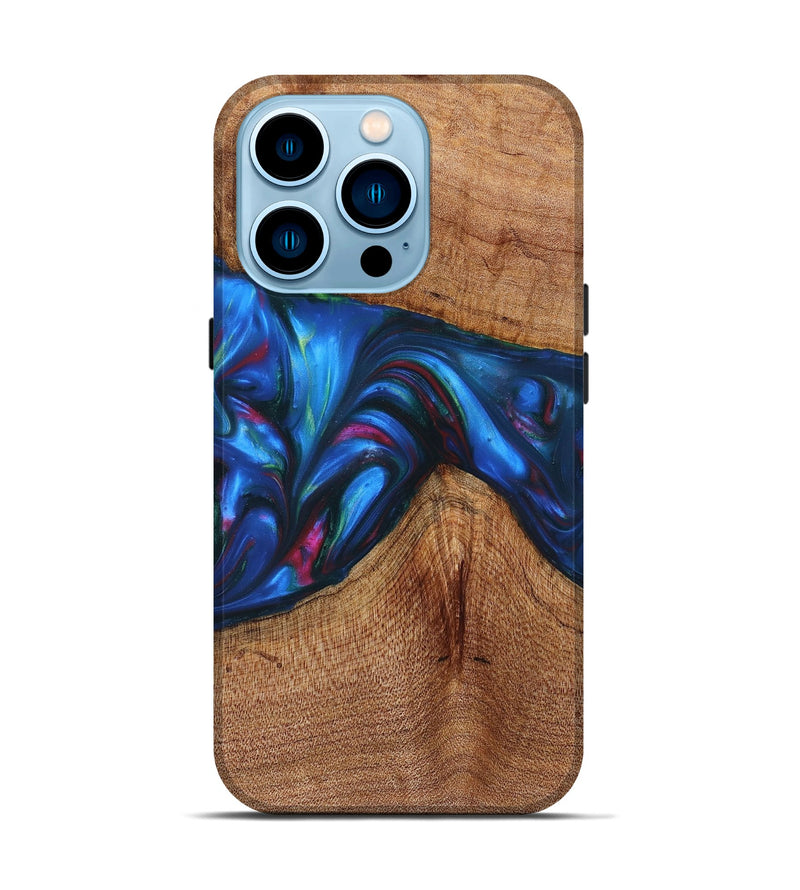 iPhone 14 Pro Wood+Resin Live Edge Phone Case - Paisley (Blue, 657971)