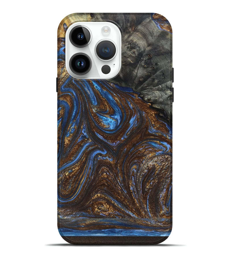 iPhone 15 Pro Max Wood+Resin Live Edge Phone Case - Journey (Teal & Gold, 658678)
