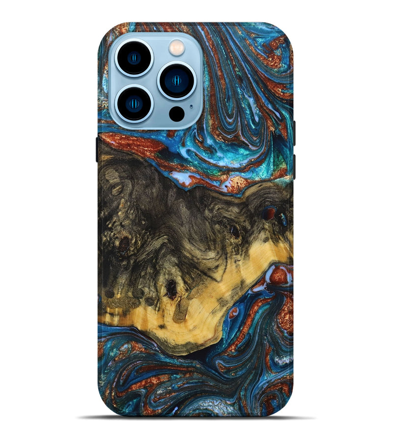 iPhone 14 Pro Max Wood+Resin Live Edge Phone Case - Iris (Teal & Gold, 658679)