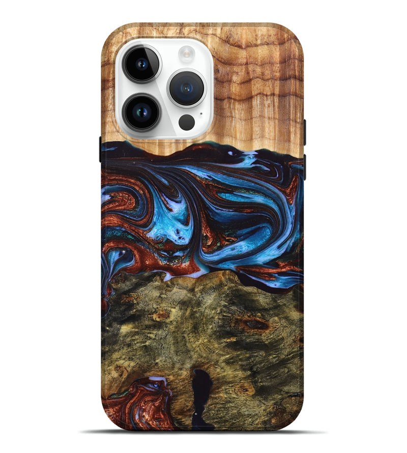 iPhone 15 Pro Max Wood+Resin Live Edge Phone Case - Aria (Teal & Gold, 658680)