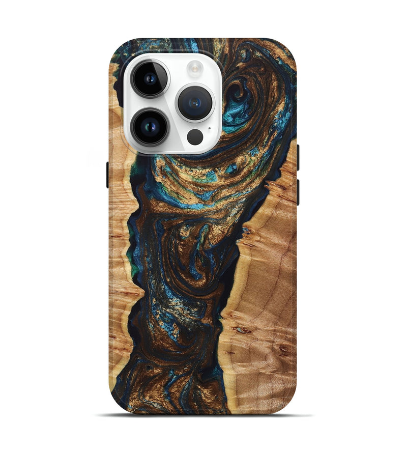 iPhone 15 Pro Wood+Resin Live Edge Phone Case - Ada (Teal & Gold, 658682)