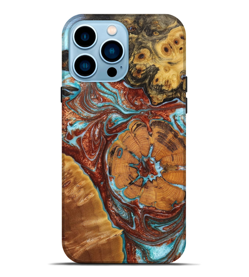 iPhone 14 Pro Max Wood+Resin Live Edge Phone Case - Ruben (Teal & Gold, 658683)