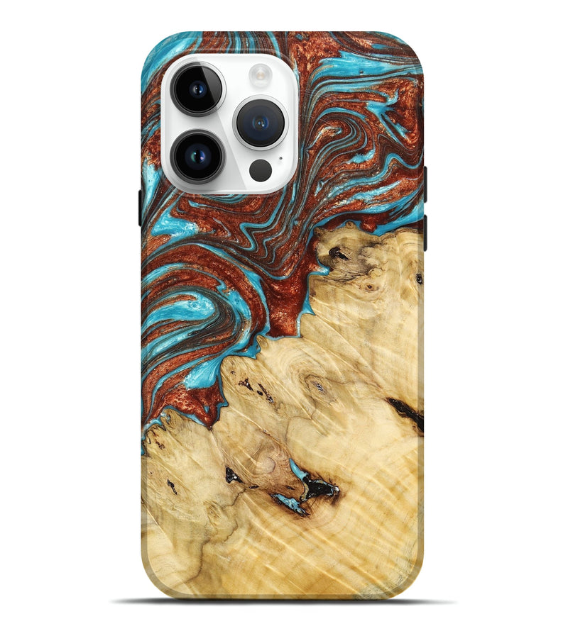 iPhone 15 Pro Max Wood+Resin Live Edge Phone Case - Ian (Teal & Gold, 658684)