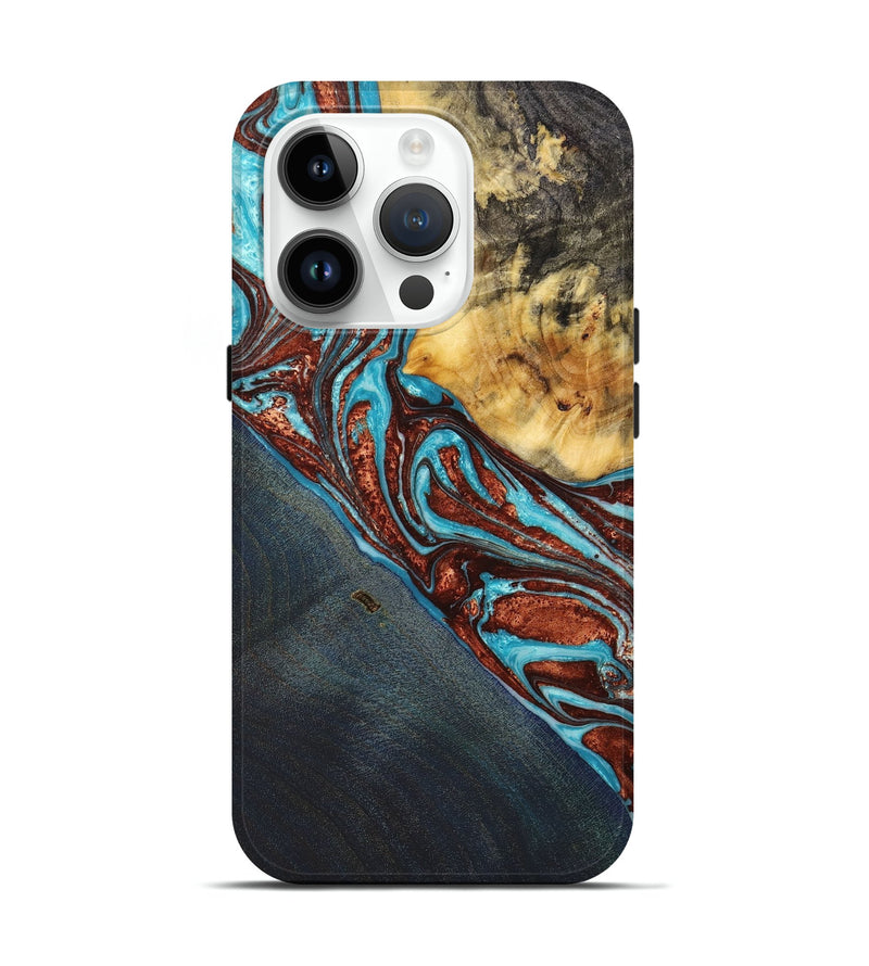 iPhone 15 Pro Wood+Resin Live Edge Phone Case - Catalina (Teal & Gold, 658685)