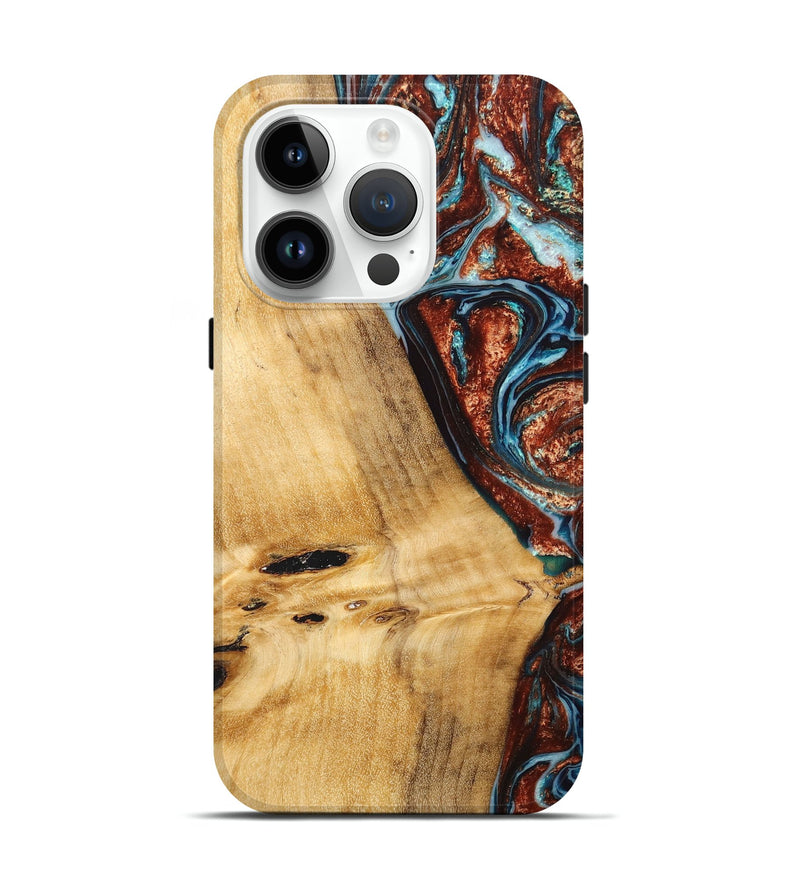 iPhone 15 Pro Wood+Resin Live Edge Phone Case - Fred (Teal & Gold, 658686)