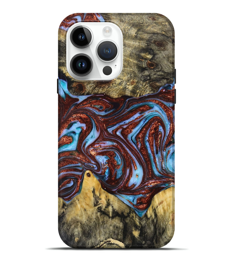 iPhone 15 Pro Max Wood+Resin Live Edge Phone Case - Clay (Teal & Gold, 658688)