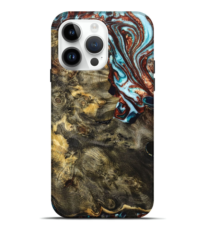 iPhone 15 Pro Max Wood+Resin Live Edge Phone Case - Neal (Teal & Gold, 658689)