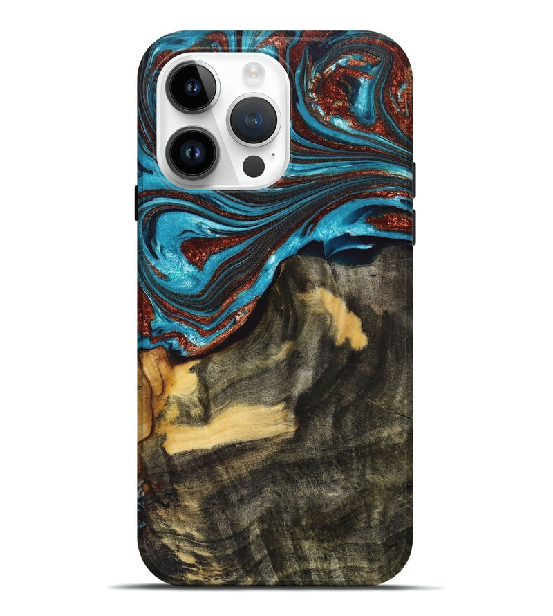 iPhone 15 Pro Max Wood+Resin Live Edge Phone Case - Kerri (Teal & Gold, 658692)