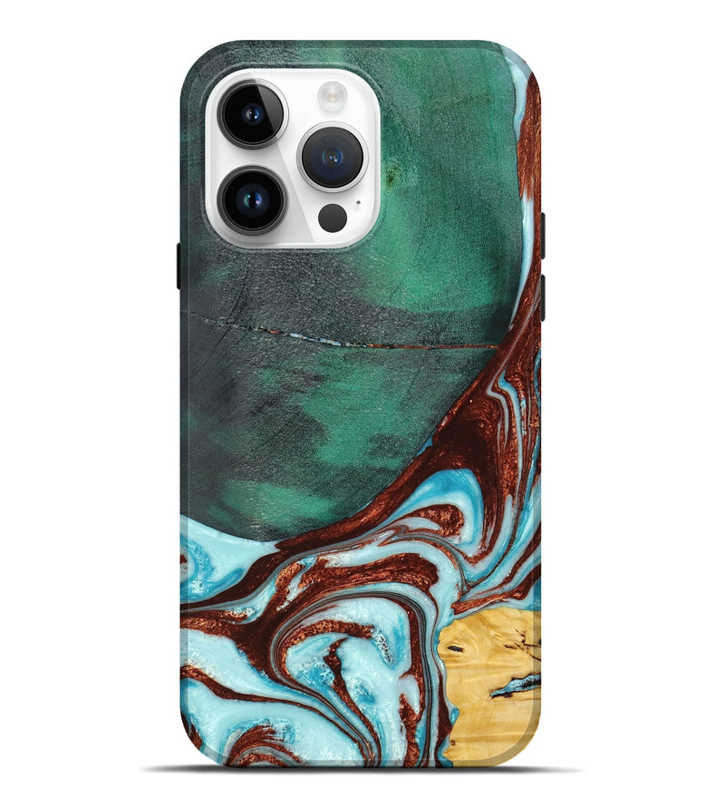 iPhone 15 Pro Max Wood+Resin Live Edge Phone Case - Alejandro (Teal & Gold, 658696)