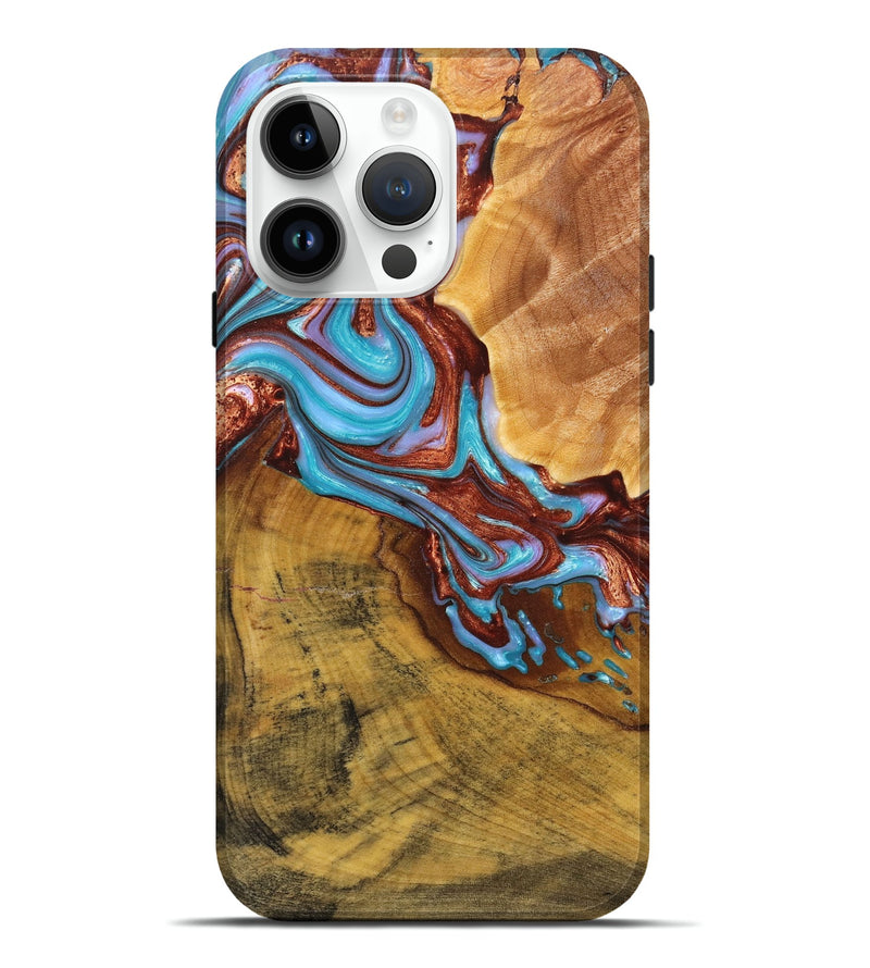 iPhone 15 Pro Max Wood+Resin Live Edge Phone Case - Zara (Teal & Gold, 658697)