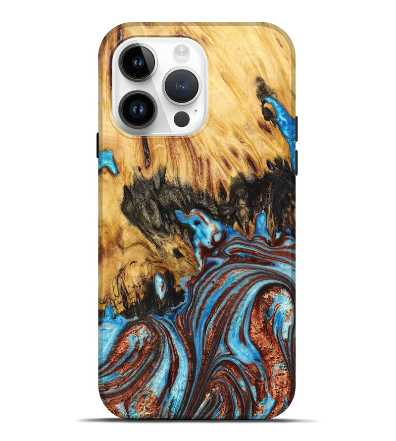 iPhone 15 Pro Max Wood+Resin Live Edge Phone Case - Judah (Teal & Gold, 658698)