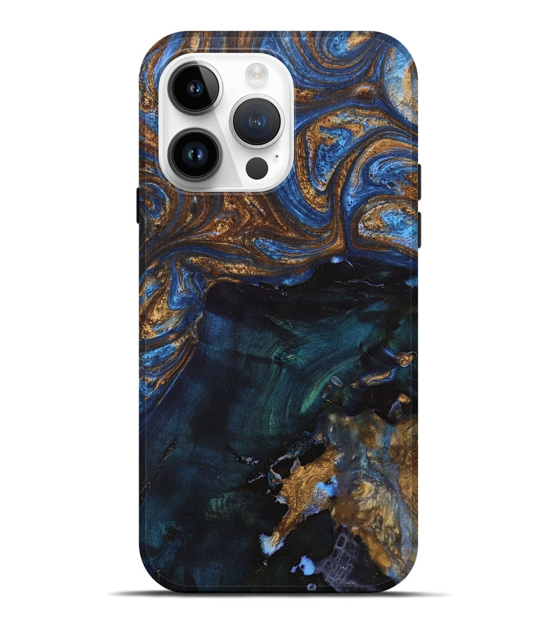 iPhone 15 Pro Max Wood+Resin Live Edge Phone Case - Tevin (Teal & Gold, 658699)