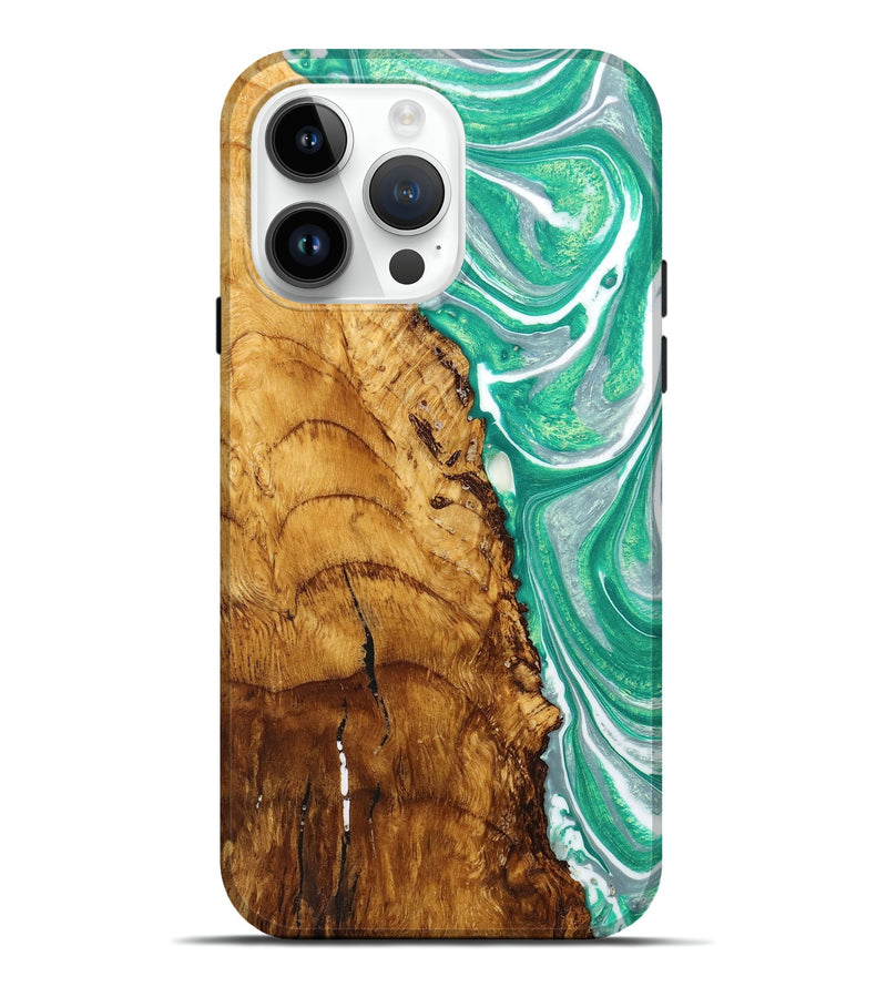 iPhone 15 Pro Max Wood+Resin Live Edge Phone Case - Gina (Green, 658704)