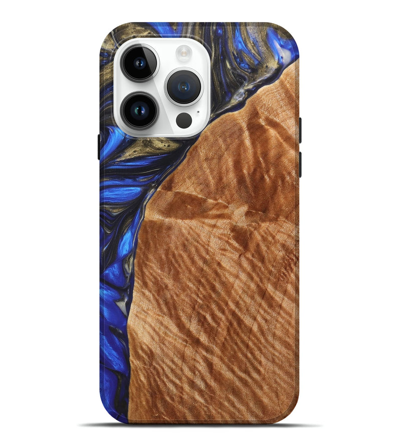 iPhone 15 Pro Max Wood+Resin Live Edge Phone Case - Britney (Teal & Gold, 658712)