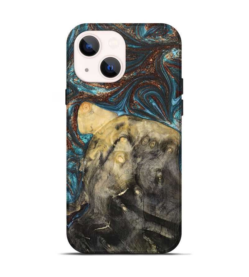 iPhone 14 Wood+Resin Live Edge Phone Case - Willow (Teal & Gold, 658811)
