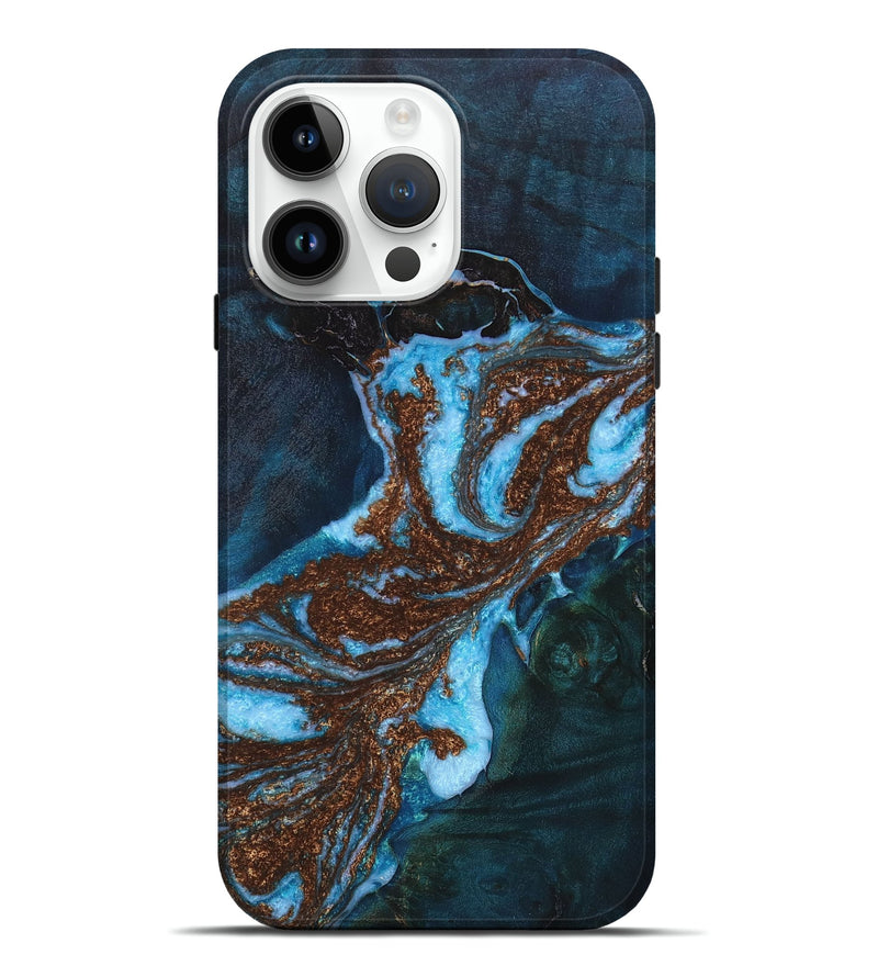 iPhone 15 Pro Max Wood+Resin Live Edge Phone Case - Autumn (Teal & Gold, 658902)