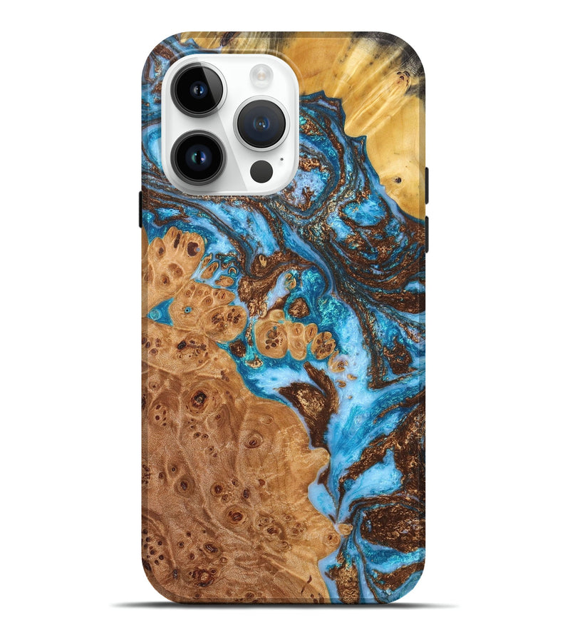 iPhone 15 Pro Max Wood+Resin Live Edge Phone Case - Madeline (Teal & Gold, 658907)