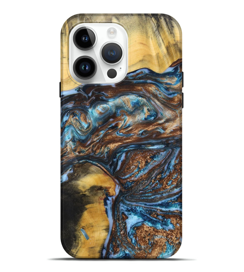 iPhone 15 Pro Max Wood+Resin Live Edge Phone Case - Branden (Teal & Gold, 658911)