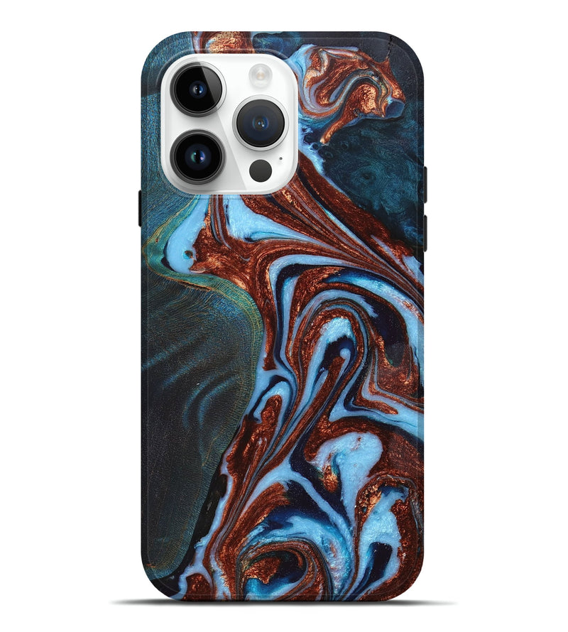 iPhone 15 Pro Max Wood+Resin Live Edge Phone Case - Duane (Teal & Gold, 658912)