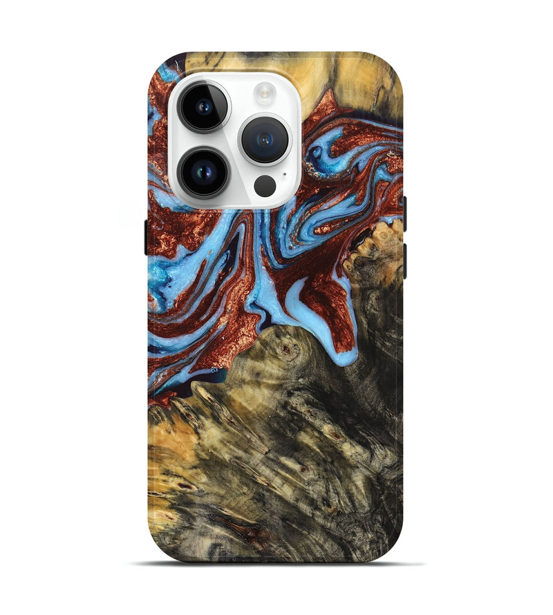 iPhone 15 Pro Wood+Resin Live Edge Phone Case - Joshua (Teal & Gold, 658913)