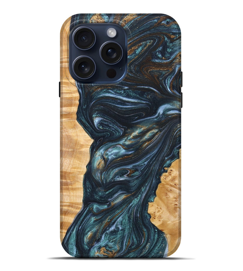 iPhone 15 Pro Max Wood+Resin Live Edge Phone Case - Jayden (Teal & Gold, 659250)