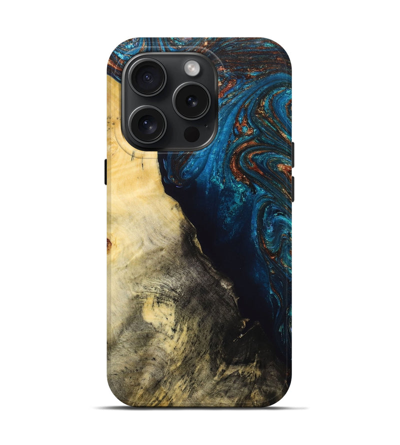 iPhone 15 Pro Wood+Resin Live Edge Phone Case - Brianne (Teal & Gold, 659272)