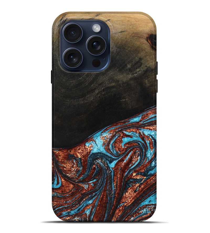 iPhone 15 Pro Max Wood+Resin Live Edge Phone Case - Noel (Teal & Gold, 659277)