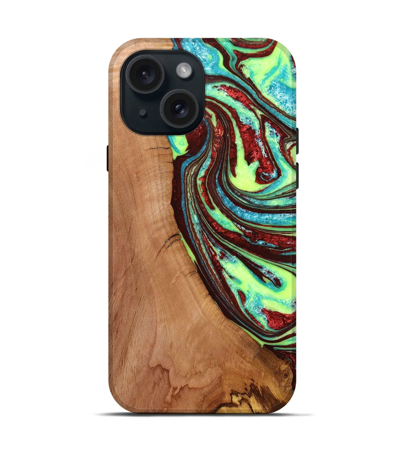 iPhone 15 Wood+Resin Live Edge Phone Case - Stuart (Green, 659278)
