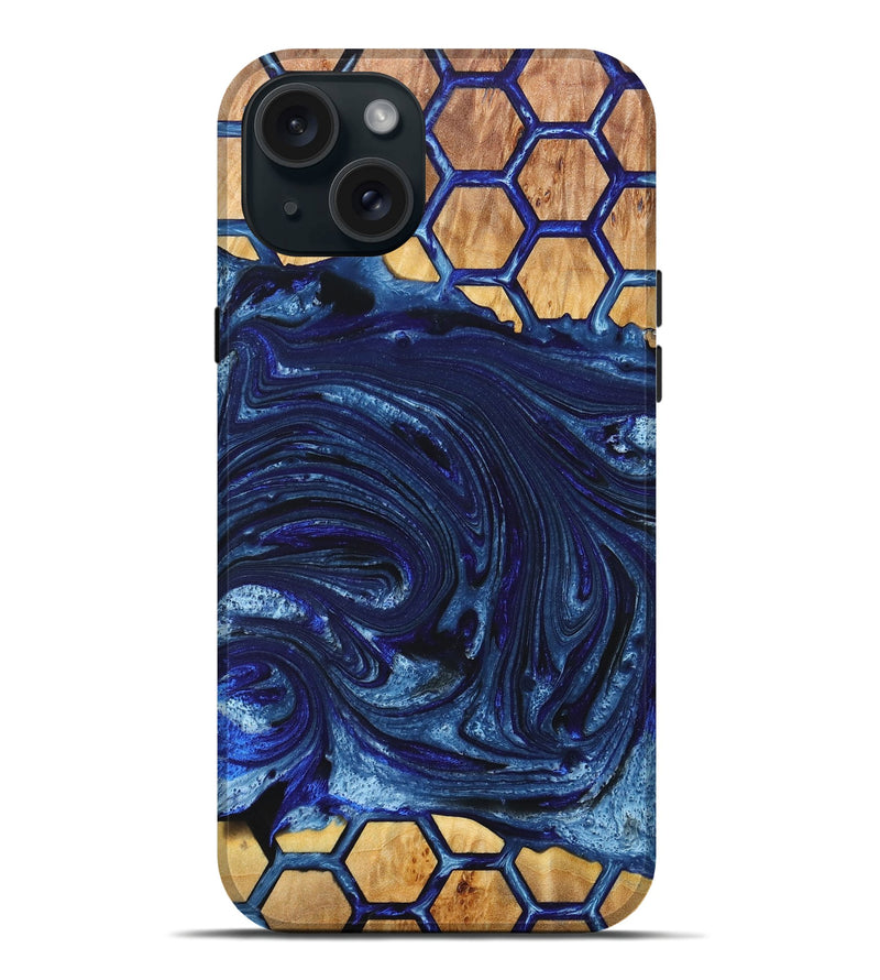 iPhone 15 Plus Wood+Resin Live Edge Phone Case - Eduardo (Blue, 659282)