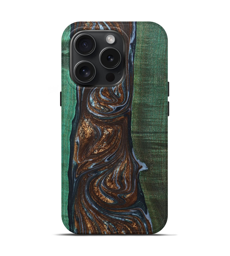 iPhone 15 Pro Wood+Resin Live Edge Phone Case - Judith (Teal & Gold, 659283)