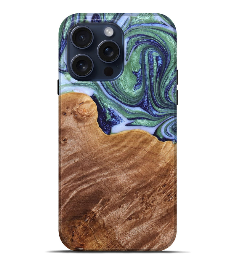 iPhone 15 Pro Max Wood+Resin Live Edge Phone Case - Esther (Green, 659295)