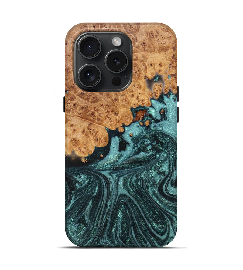 iPhone 15 Pro Wood+Resin Live Edge Phone Case - Bette (Green, 659491)