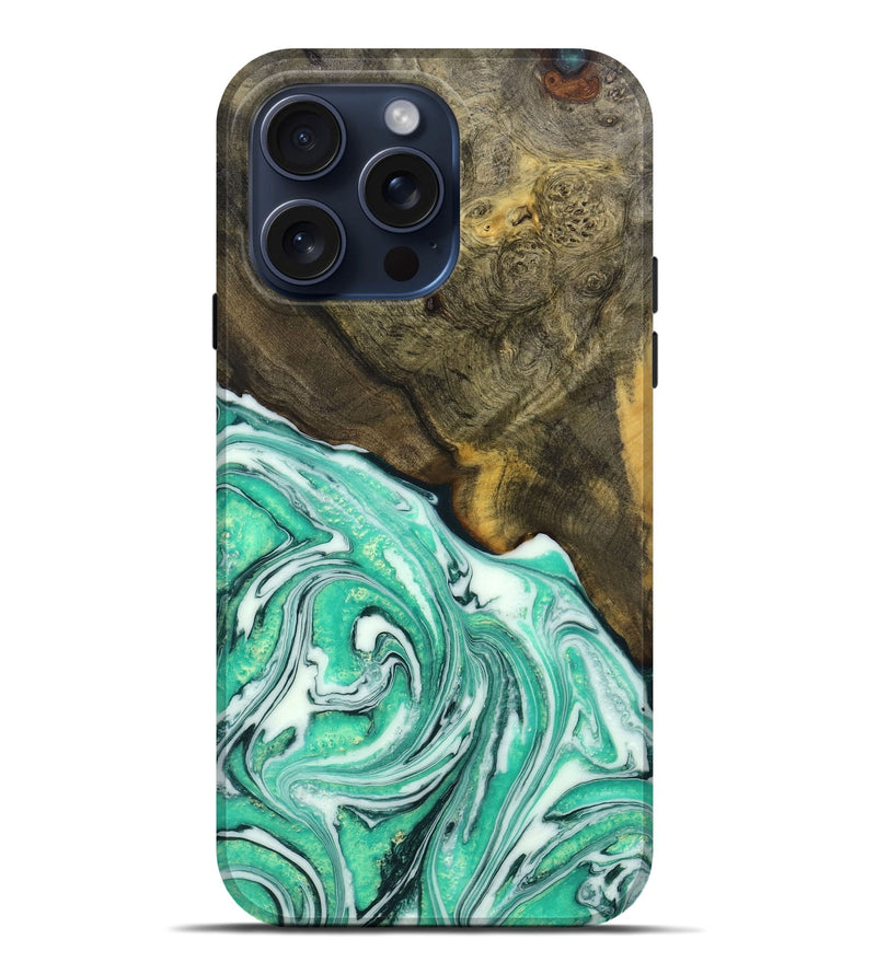 iPhone 15 Pro Max Wood+Resin Live Edge Phone Case - Candy (Green, 659655)