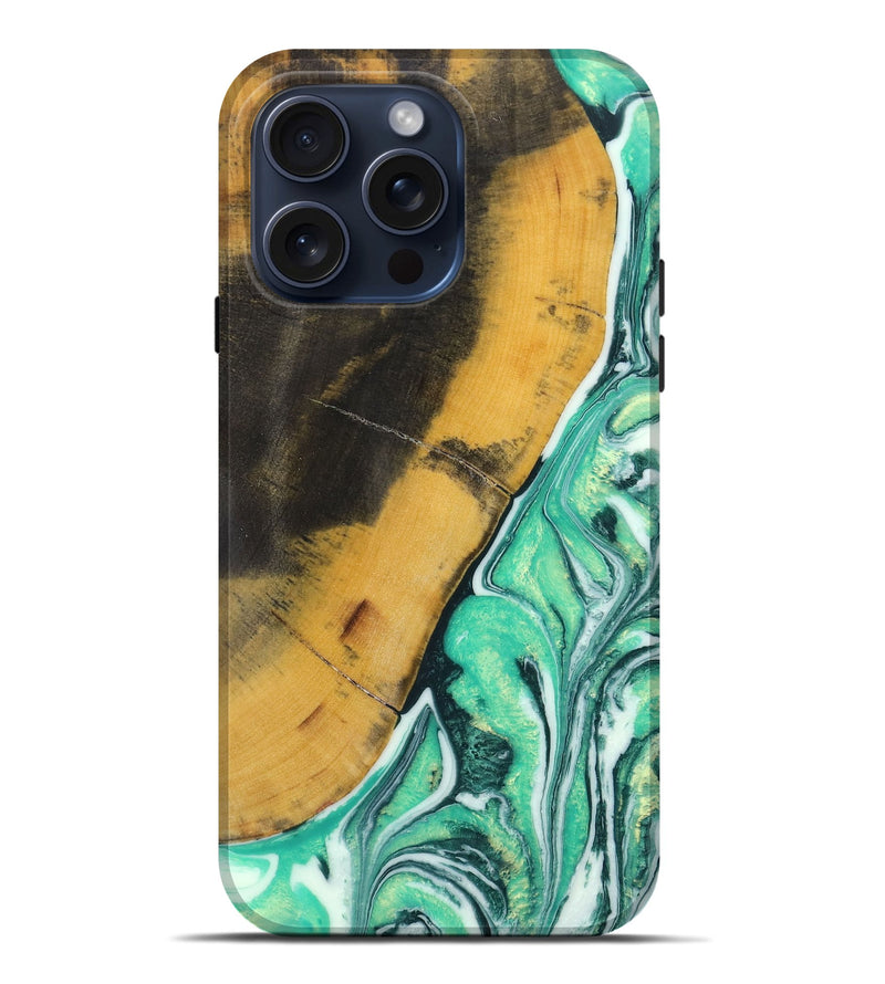 iPhone 15 Pro Max Wood+Resin Live Edge Phone Case - Elian (Green, 659657)