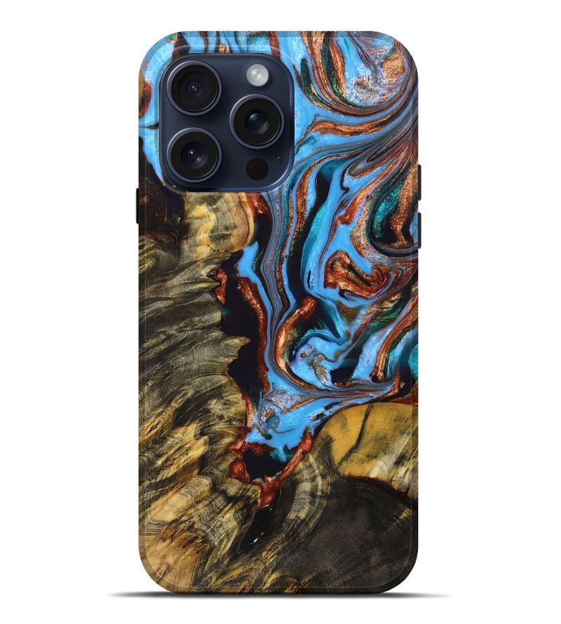 iPhone 15 Pro Max Wood+Resin Live Edge Phone Case - Trinity (Teal & Gold, 659660)