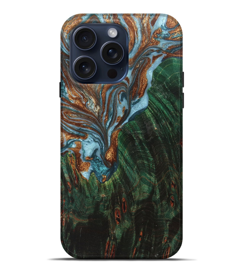 iPhone 15 Pro Max Wood+Resin Live Edge Phone Case - Messiah (Teal & Gold, 659661)
