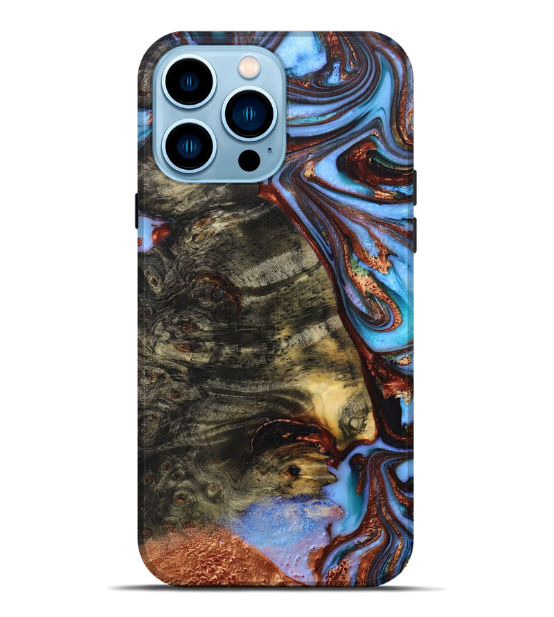 iPhone 14 Pro Max Wood+Resin Live Edge Phone Case - Samara (Teal & Gold, 659664)