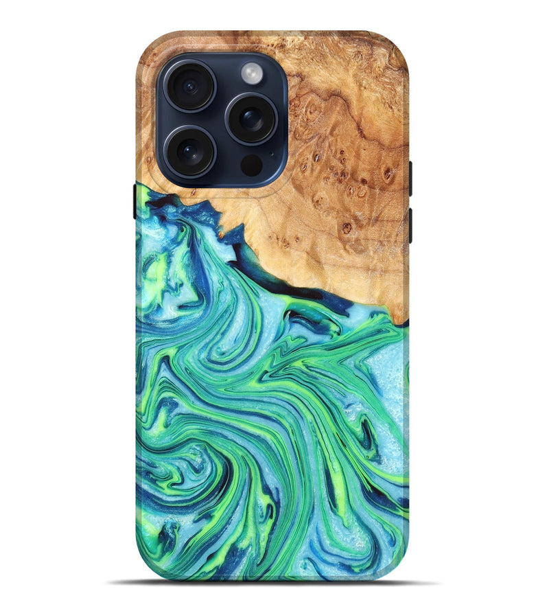 iPhone 15 Pro Max Wood+Resin Live Edge Phone Case - Octavia (Green, 659666)