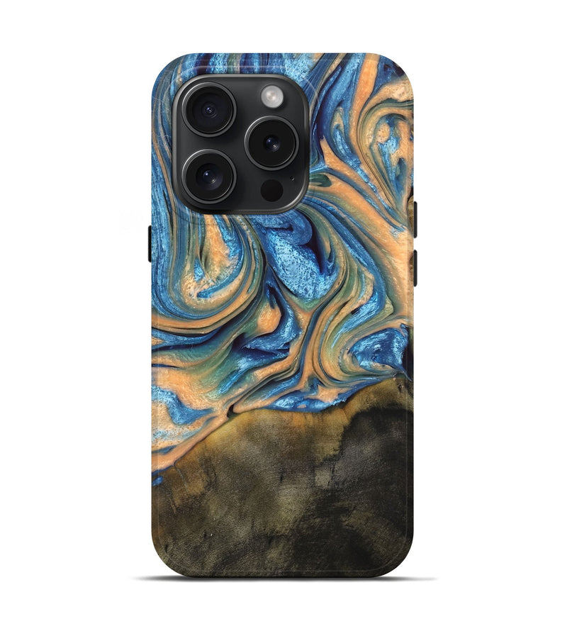 iPhone 15 Pro Wood+Resin Live Edge Phone Case - Clifford (Teal & Gold, 659670)