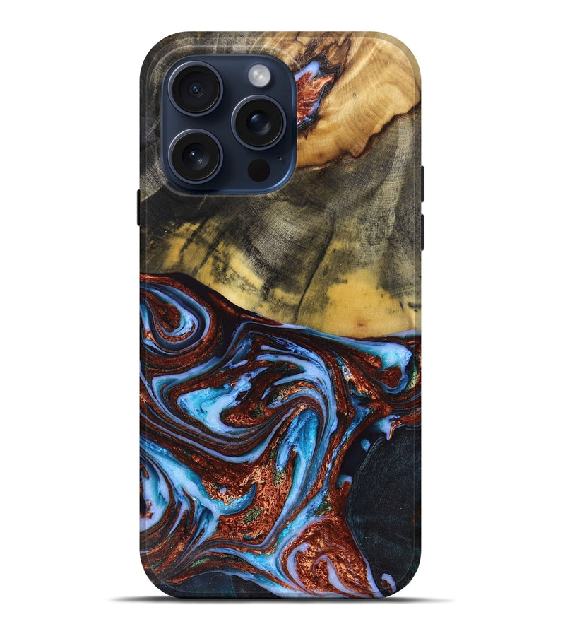 iPhone 15 Pro Max Wood+Resin Live Edge Phone Case - Dennis (Teal & Gold, 659671)