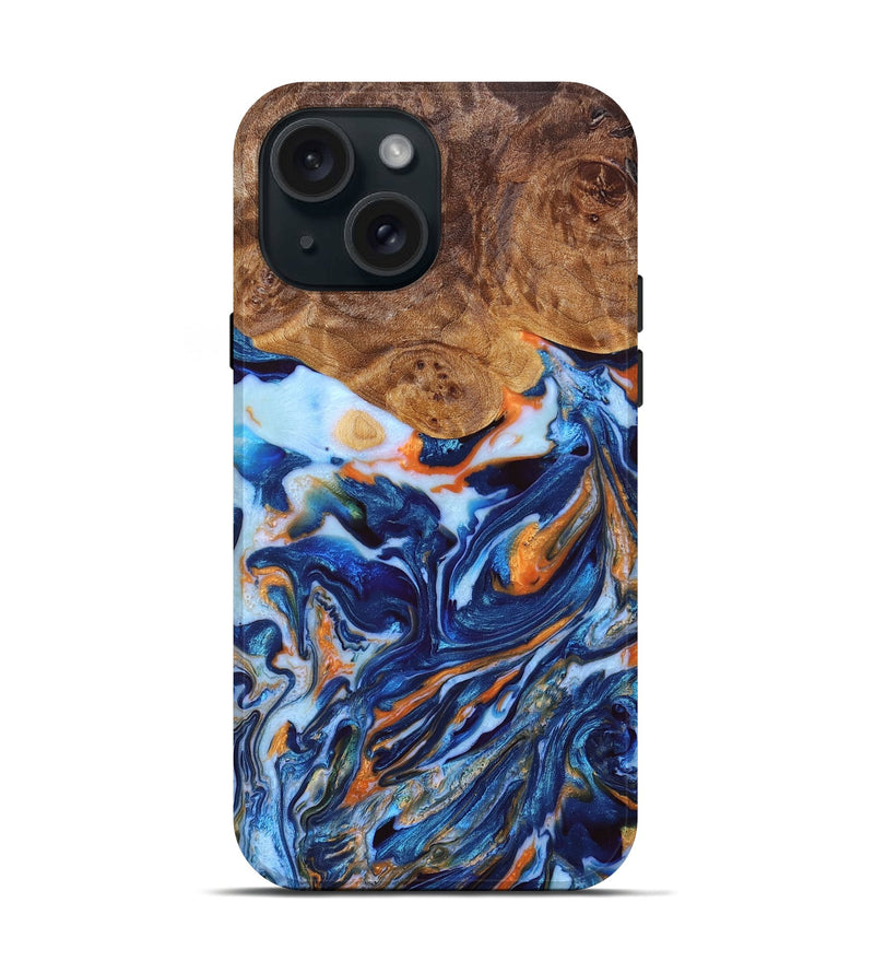 iPhone 15 Wood+Resin Live Edge Phone Case - Guadalupe (Teal & Gold, 659675)