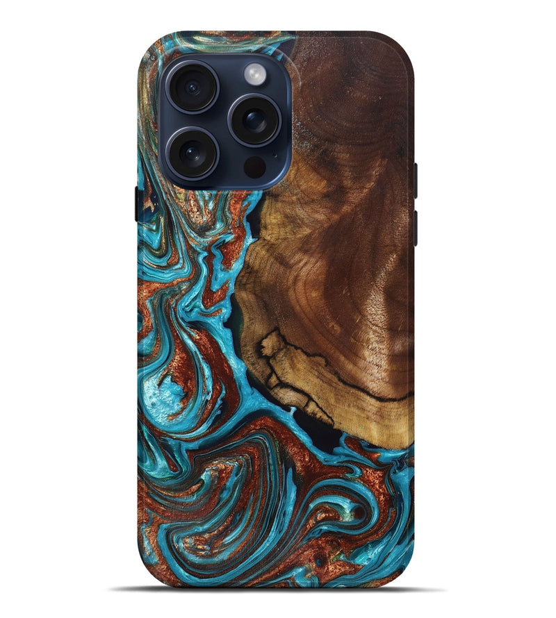 iPhone 15 Pro Max Wood+Resin Live Edge Phone Case - Nelson (Teal & Gold, 659676)