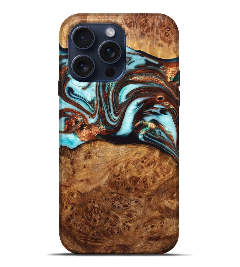 iPhone 15 Pro Max Wood+Resin Live Edge Phone Case - Patty (Teal & Gold, 659677)