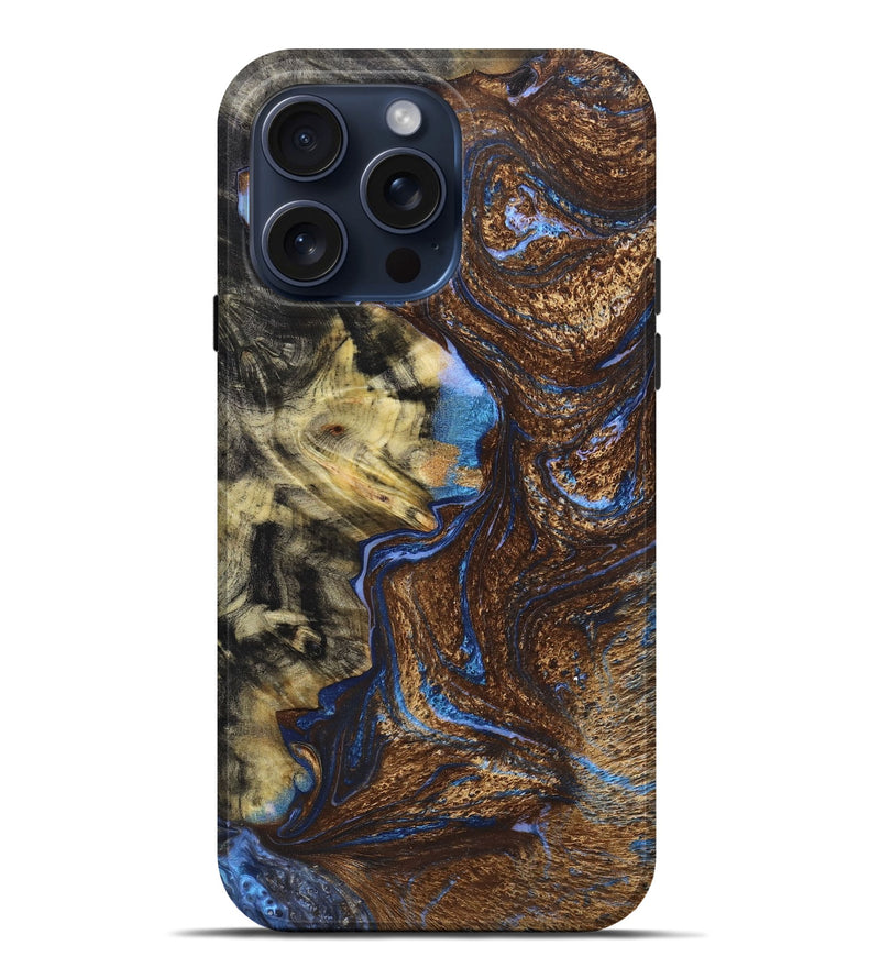 iPhone 15 Pro Max Wood+Resin Live Edge Phone Case - Bria (Teal & Gold, 659679)