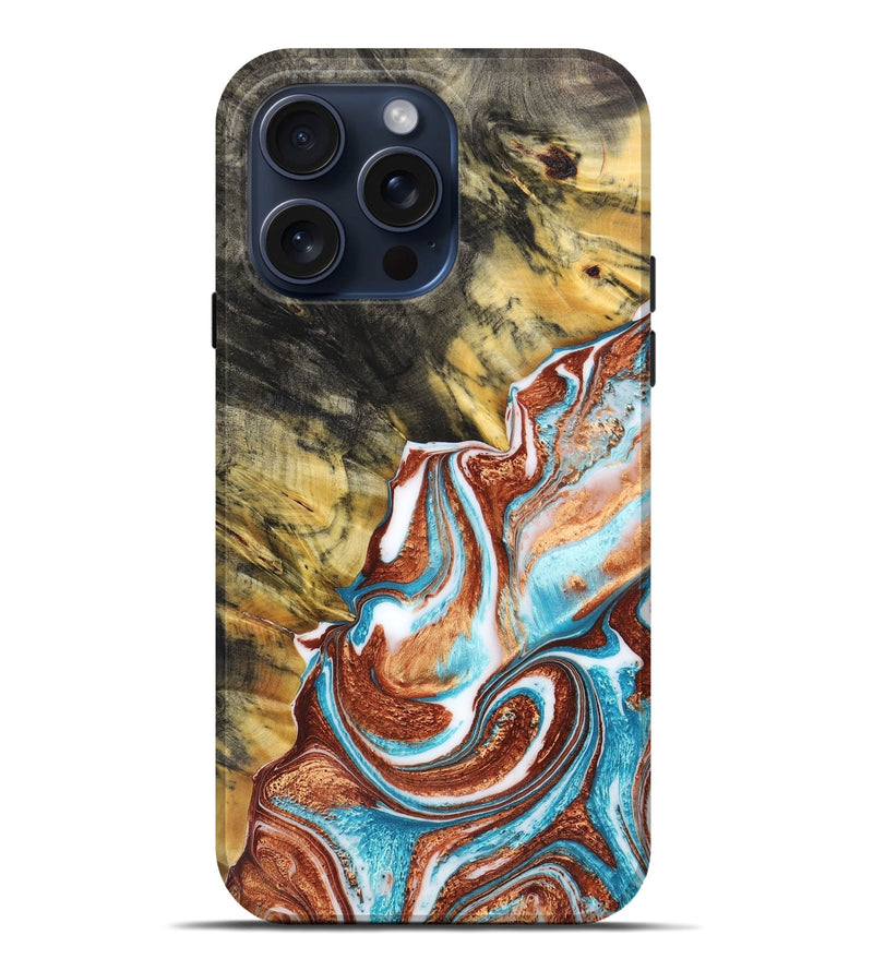 iPhone 15 Pro Max Wood+Resin Live Edge Phone Case - Aliyah (Teal & Gold, 659680)