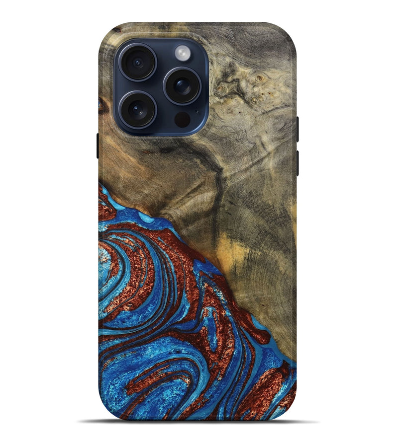 iPhone 15 Pro Max Wood+Resin Live Edge Phone Case - Cali (Teal & Gold, 659681)