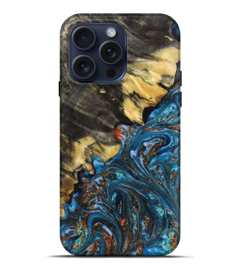 iPhone 15 Pro Max Wood+Resin Live Edge Phone Case - Austin (Teal & Gold, 659683)